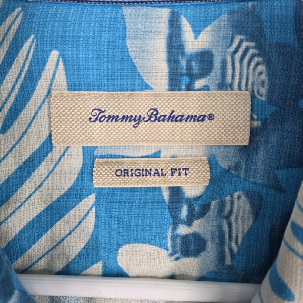 Tommy Bahama Shirt Mens XL Blue White 100% Silk Floral Hawaiian Camp Loop Collar - Picture 2 of 9
